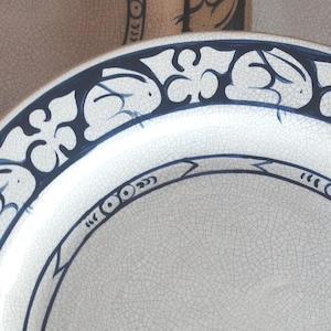 Set of Four Potting Shed Bunny Large Dinner Plates or Chargers 11 1/4 Inches Dedham Pottery Rabbit Crackled Pattern