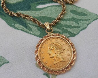 1899 Liberty Head 5 Dollar Gold Coin Pendant US Coin Estate San Francisco Yellow Gold Tested 10kt Gold Rope Chain Necklace Signed Krementz