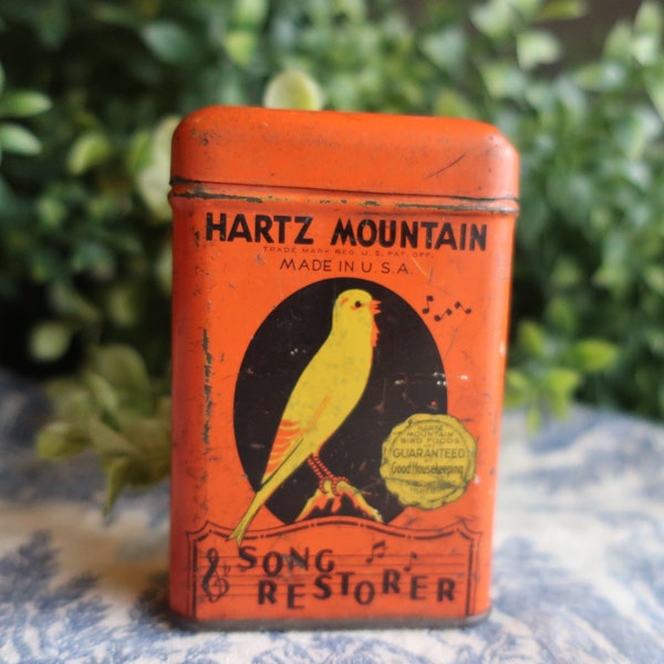 Vintage Tin Hartz Mountain Song Food Bird Seed Orange Tin Yellow Canary Songbird Advertisting