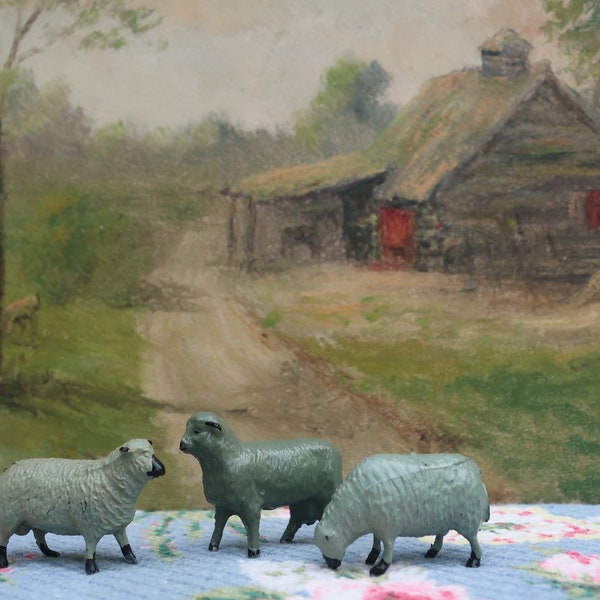 One Old Sheep Figurine, Miniature Farm Animal, Original Paint, Cast Metal Lead, Putz Made in Japan