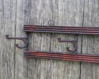 Old Wooden Wall Rack with Six Swivelling Metal Hooks, Coat Hat Rack