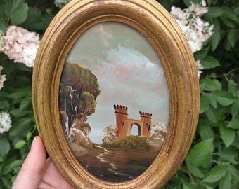 Vintage Painting on Copper in Gold Florentine Oval Frame Italian Castle Tower Landscape Souvenir