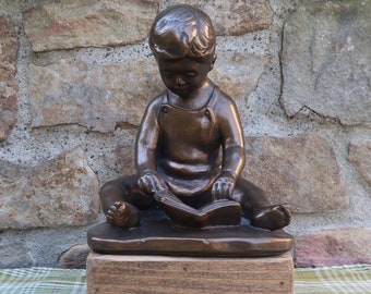 Vintage Faux Bronze Sculpture Signed and Dated John Terren 1976 "Alva" Ceramic with Reclaimed Wood Stand