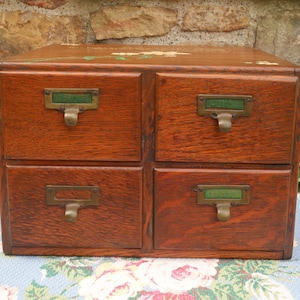 Dovetailed Oak Library Card Catalog File Cabinet Four Drawers for 3 x 5 Inch Cards, Handpainted Daisies and Chaucer Poem