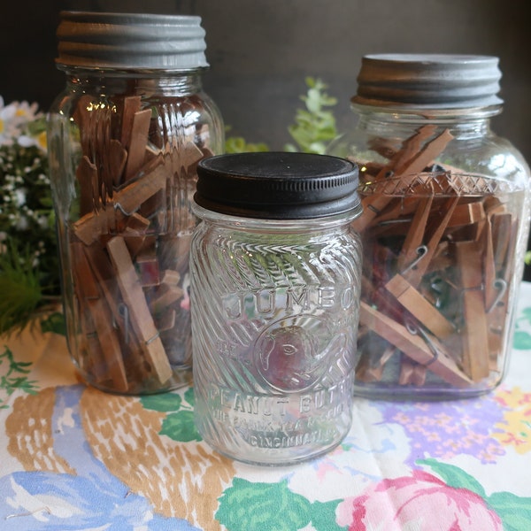 One Antique Glass Jar with Lid: Jumbo Peanut ButterJar or Larger Jars with Wood Clothespins, Farmhouse General Store Decor Advertising