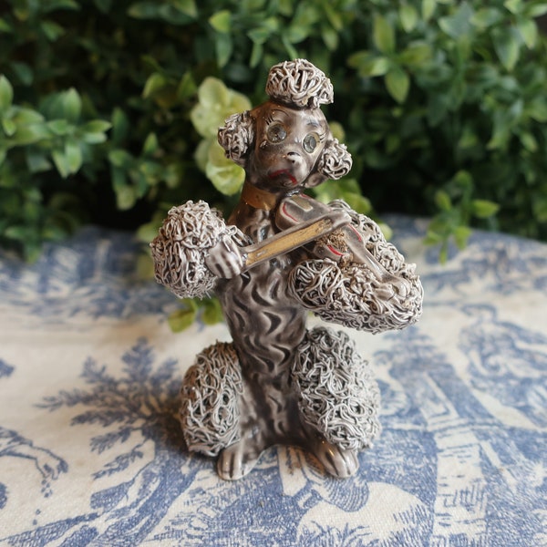One Vintage Spaghetti Poodle Dog Figurine: Gray Poodle with Rhinestone Eyes and Violin or Black Poodle