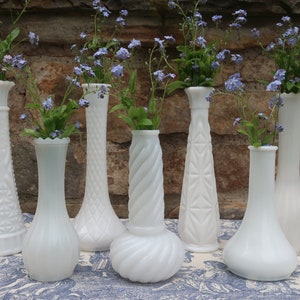 White Milk Glass Vases Vintage Wedding Decor Instant Collection of 7 Flower Bud Vases image 1