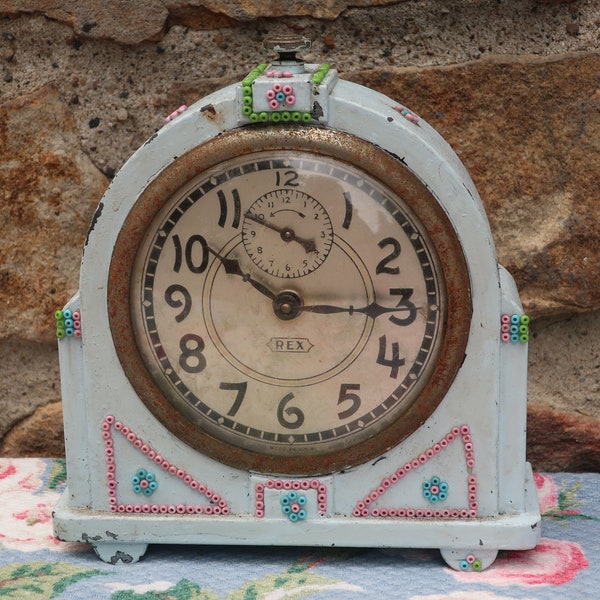 Decorative Alarm Clock "Rex" with Shabby Beaded and Painted Accents, Retro Folk Art