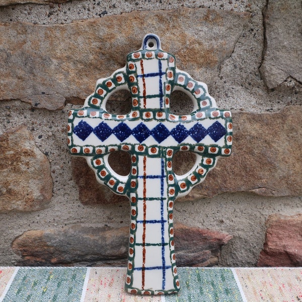 Polish Pottery Cross, Hand Made in Poland, Vintage Religious Item