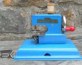 Toy Sewing Machine Kay an Ee Sew Master Metal Blue Teal with Clamp Berlin Made in Germay US Zone Hand Crank Sewing Room Decor Photo Prop