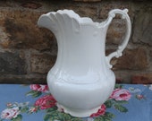 KTK China White Ironstone Large Pitcher, Ornate Shape, Knowles Taylor and Knowles Semi-Vitreous Porcelain, As Is