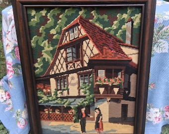 Large Needlepoint Embroidery French Alsace Country House with Couple Professionally Framed Wall Art