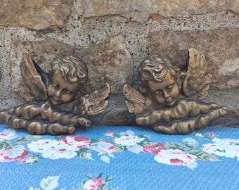 Pair of Plaster Chalk Ware Cherubs Wall Hanging Dark Gold Color Angels