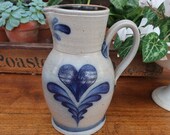 Rowe Pottery Works Pitcher with Heart Motif Blue and Gray Stoneware Pottery 9 quot Tall