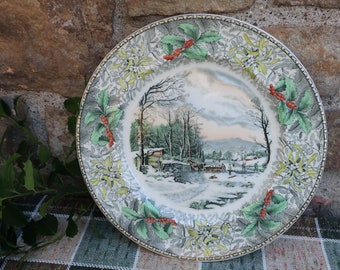 Antique Adams Winter Scenes Dinner Plate 10 1/2" with Holly Border "Winter in the Country" Edition Number One