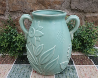 Vintage Matte Glaze Pottery Vase Pastel Teal with Floral Design and Double Handles Japan