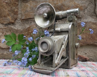 Vintage Folding Bellows Camera Bank Figural Coin Bank Prop Display Photographer Gift