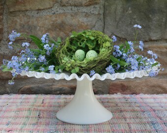 Fenton Silvercrest Milk Glass Cake Stand Centerpiece Pedestal with Ruffled Scalloped Edge