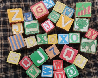 32 Vintage Wooden Blocks, Instant Collection Bowl Filler, Wood Toy Letter ABC Blocks, Photo Prop