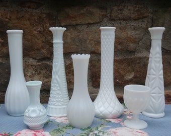 White Milk Glass Vases Vintage Wedding Decor Instant Collection of 7 Flower Bud Vases