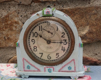 Decorative Alarm Clock "Rex" with Shabby Beaded and Painted Accents, Retro Folk Art