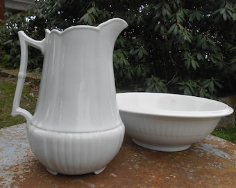 Large White Ironstone Pitcher and Bowl Matching Set Wedgwood and Co England Ewer and Wash Basin Royal Stone China Antique Vase Farmhouse