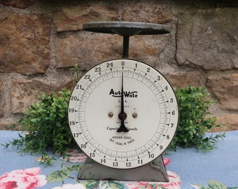 Antique Gray Auto Wate Kitchen Scale, Old Metal 25 Pound Scale, Vintage Kitchen Decor, Made in Chicago