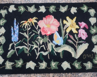 Vintage Claire Murray Hooked Wool Rug 20" x 29.5" Spring Flowers and Ivy on Black Background