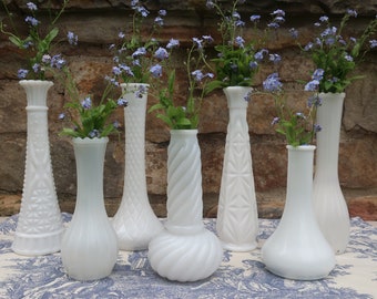 White Milk Glass Vases Vintage Wedding Decor Instant Collection of 7 Flower Bud Vases