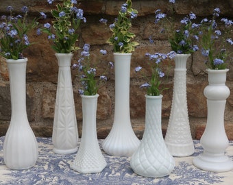 White Milk Glass Vases Vintage Wedding Decor Instant Collection of 7 Flower Bud Vases