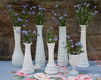 White Milk Glass Vases Vintage Wedding Decor Instant Collection of 7 Flower Bud Vases