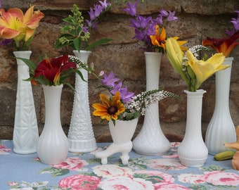Instant Collection of Vintage White Milk Glass Vases, Seven Assorted Bud Vases, Figural Roller Skate Small Vase