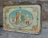 Antique Tin Lithograph Tray Children Building A Snowman Snow Babies Shabby Rustic Metal Ice Cream Parlor Tea Set Tray