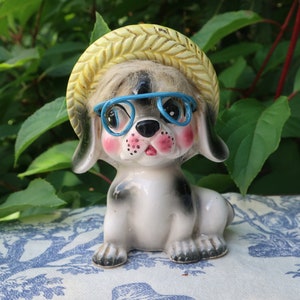 Unique Ceramic Dog Figurine Anthropomorphic Kitschy Puppy with Glasses and Hat Made in Japan