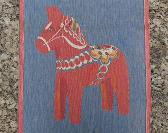 Vintage Ekelund Woven Tea Towel Dala Horse Design Swedish Folk Art Scandinavian Decor