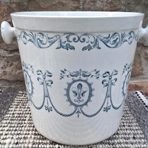 White Ironstone and Blue Transferware Master Slop Jar Large Vessel with Side Handles
