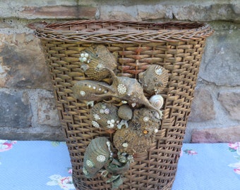 Old Seashell Decorated Woven Wicker Waste Basket Painted Dark Gold