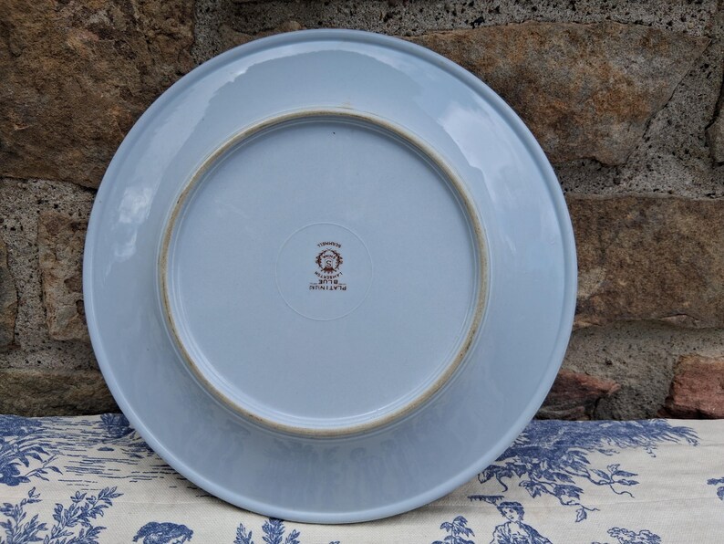 Pu&ograve; includere: Un piatto in ceramica azzurra, visto dal basso, con un design circolare e un bordo marrone. Il piatto ha un timbro al centro. Il piatto &egrave; su un tessuto a fantasia blu e bianco.