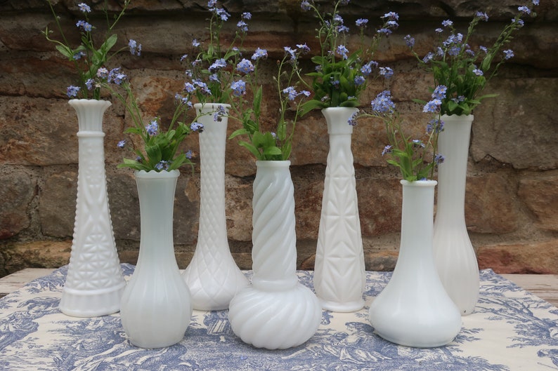 White Milk Glass Vases Vintage Wedding Decor Instant Collection of 7 Flower Bud Vases image 1