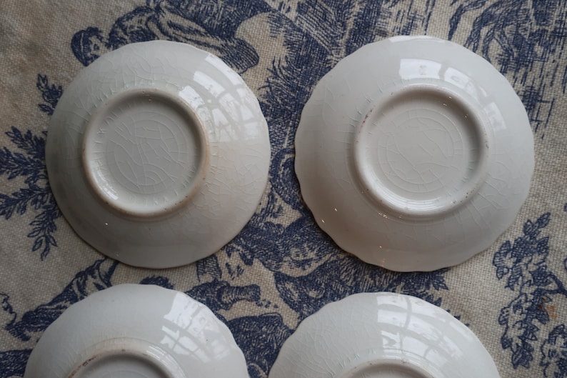 Set of Four White Ironstone Butter Pats with Faded Floral Transferware Pottery image 7