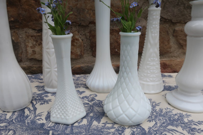 White Milk Glass Vases Vintage Wedding Decor Instant Collection of 7 Flower Bud Vases image 3