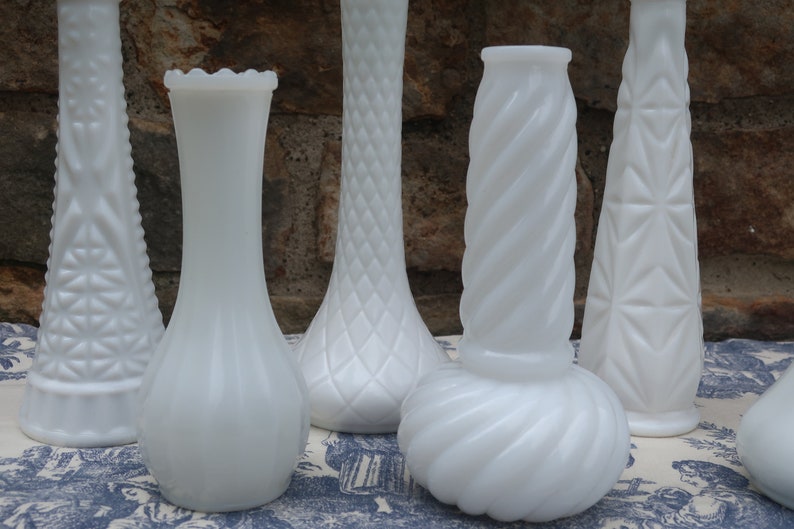 White Milk Glass Vases Vintage Wedding Decor Instant Collection of 7 Flower Bud Vases image 4