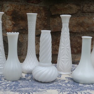 White Milk Glass Vases Vintage Wedding Decor Instant Collection of 7 Flower Bud Vases image 2