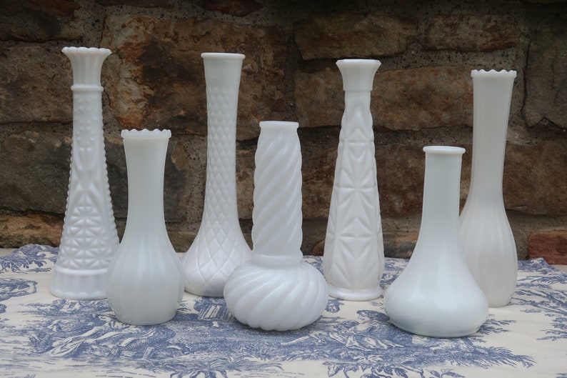 White Milk Glass Vases Vintage Wedding Decor Instant Collection of 7 Flower Bud Vases image 2