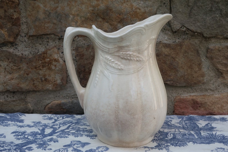 Teastained White Ironstone Pitcher with Wheat Motif Royal Crownford Arthur Wood Made in England image 2
