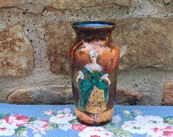 Antique Limoges Enamel on Copper Portrait Vase with Foil Accents Signed P. Servet, Made in France