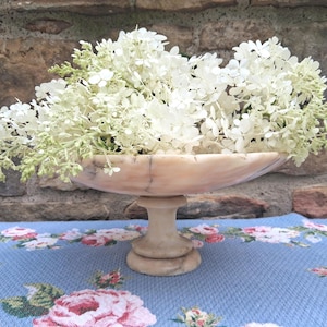 Vintage Alabaster Carved Stone Pedestal Bowl Birdbath