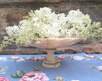 Vintage Alabaster Carved Stone Pedestal Bowl Birdbath