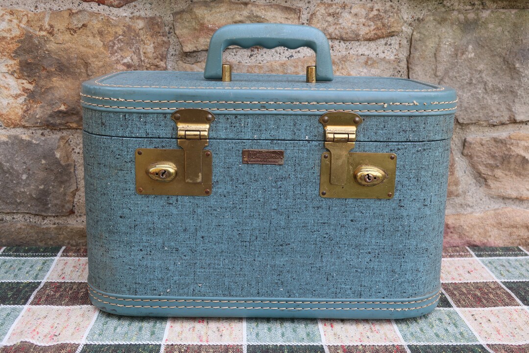 Vintage Blue Train Case Suitcase With Mirror, J.C. Higgins Quality