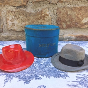 Vintage Miniature Stetson Hat Gray Felt Fedora and Red Plastic Stetson with Original Hat Box Promotional Item